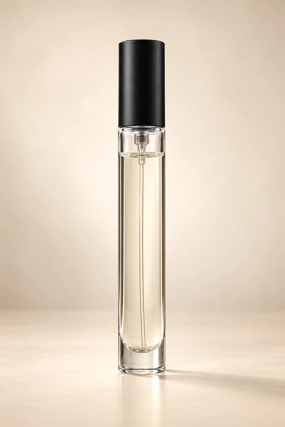 15ml refillable glass perfume atomizer bottle with matte black steel cap and screw neck, front view