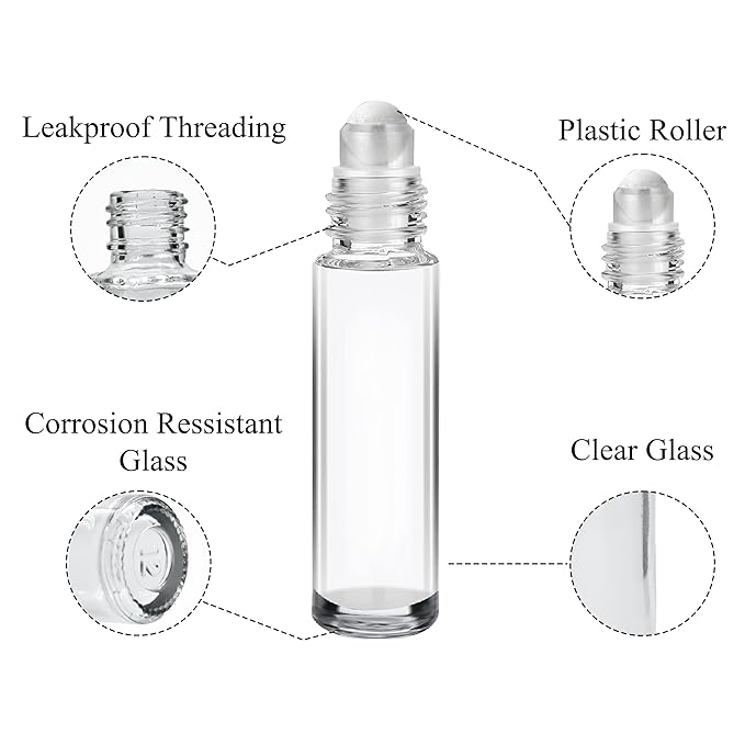 8 ml Clear Glass Roll on bottle With Plastic roller on And Black Cap For Essential Oils | Perfumes | Lip Balms | Refillable | Reusable | Leakproof Bottle