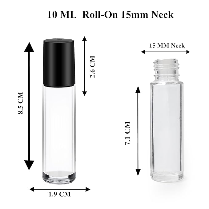 8 ml Clear Glass Roll on bottle With Plastic roller on And Black Cap For Essential Oils | Perfumes | Lip Balms | Refillable | Reusable | Leakproof Bottle