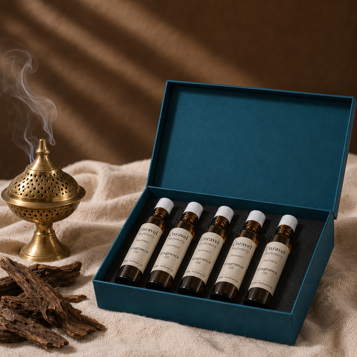 Oud Perfume Oil Sampler Set — 5× 10g Inspired Oils for Perfumery & Reselling