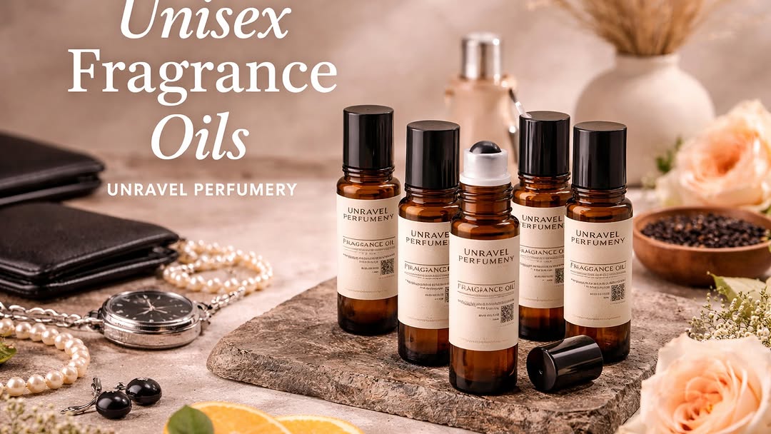 Unisex amber perfume oil bottles arranged by scent profile for men and women