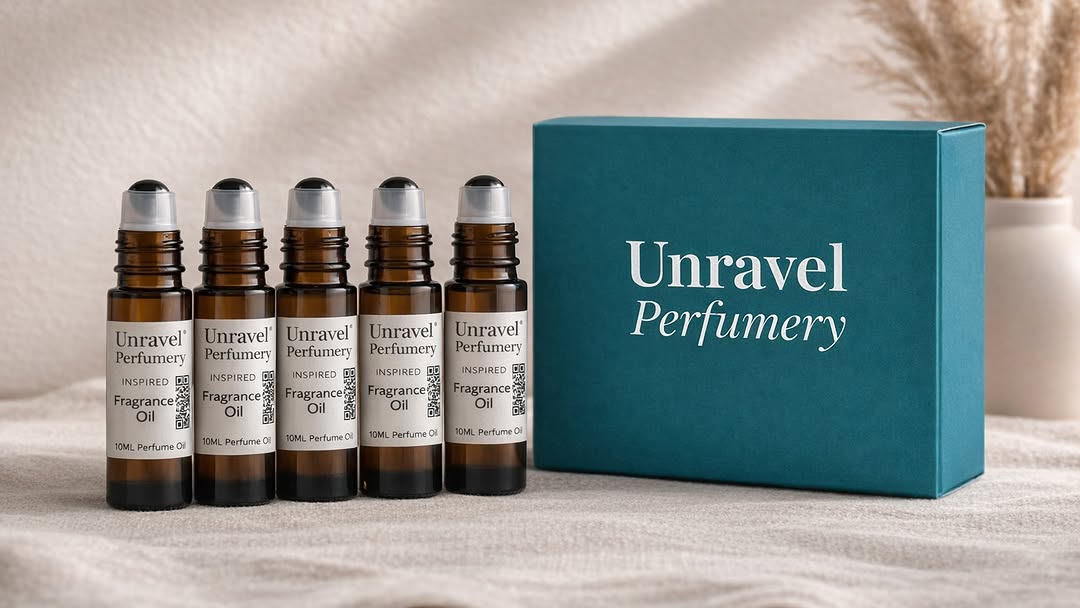 A row of long-lasting amber perfume oil rollerballs beside a teal Unravel Perfumery box