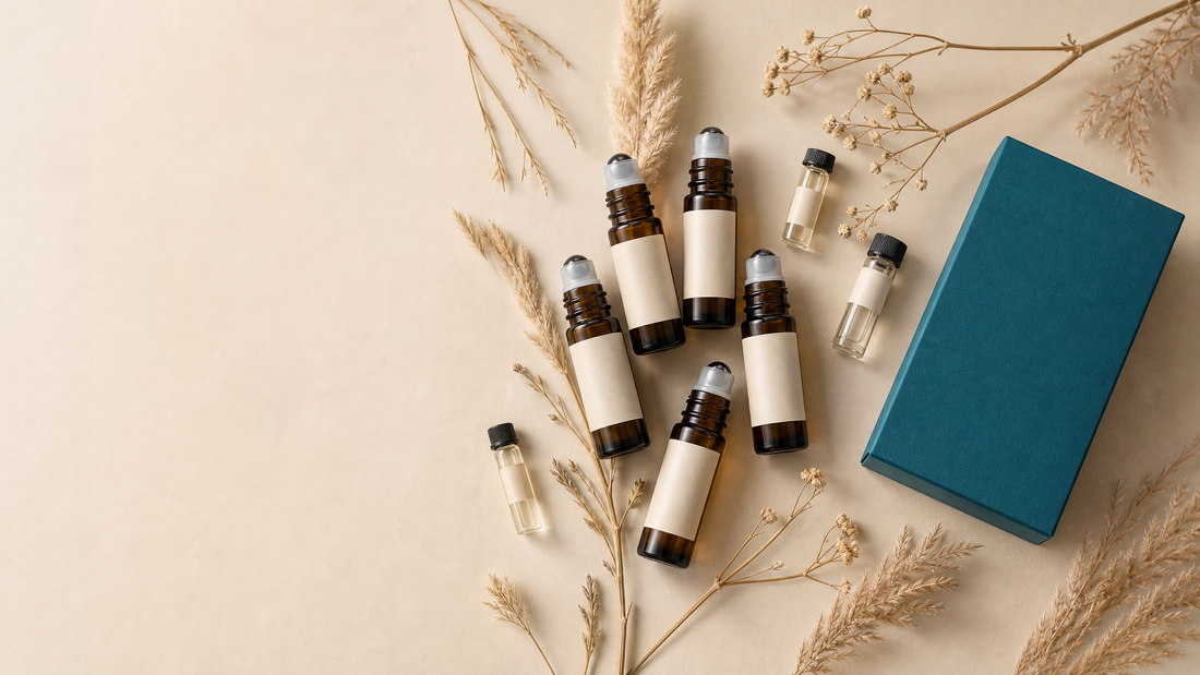 Amber glass perfume oil rollerball bottles and sample vials beside a teal Unravel Perfumery gift box — a guide to the best perfume oils in India