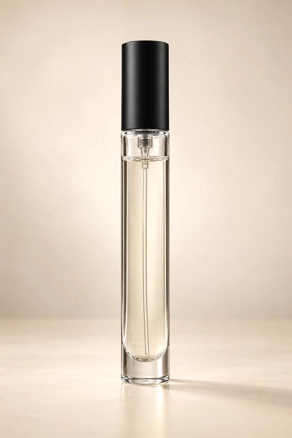 15ml refillable glass perfume atomizer bottle with matte black steel cap and screw neck, front view