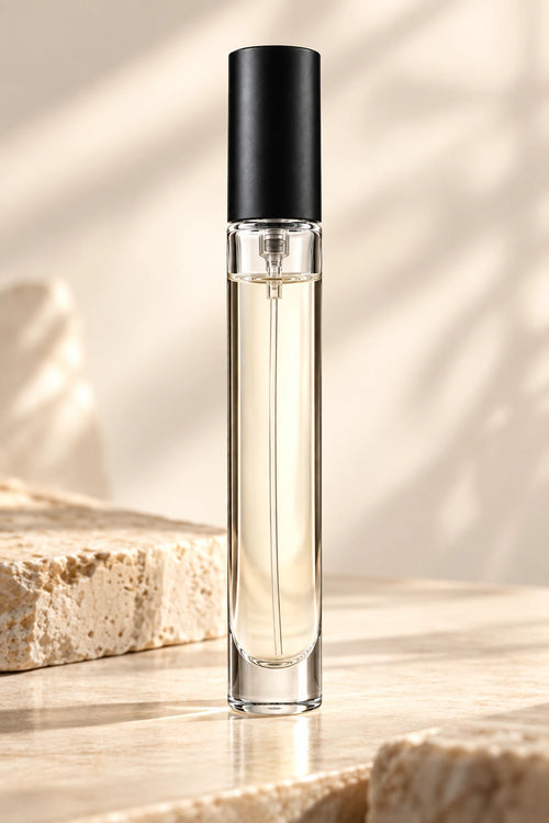 15ml refillable glass perfume spray bottle with steel atomizer standing on a stone surface